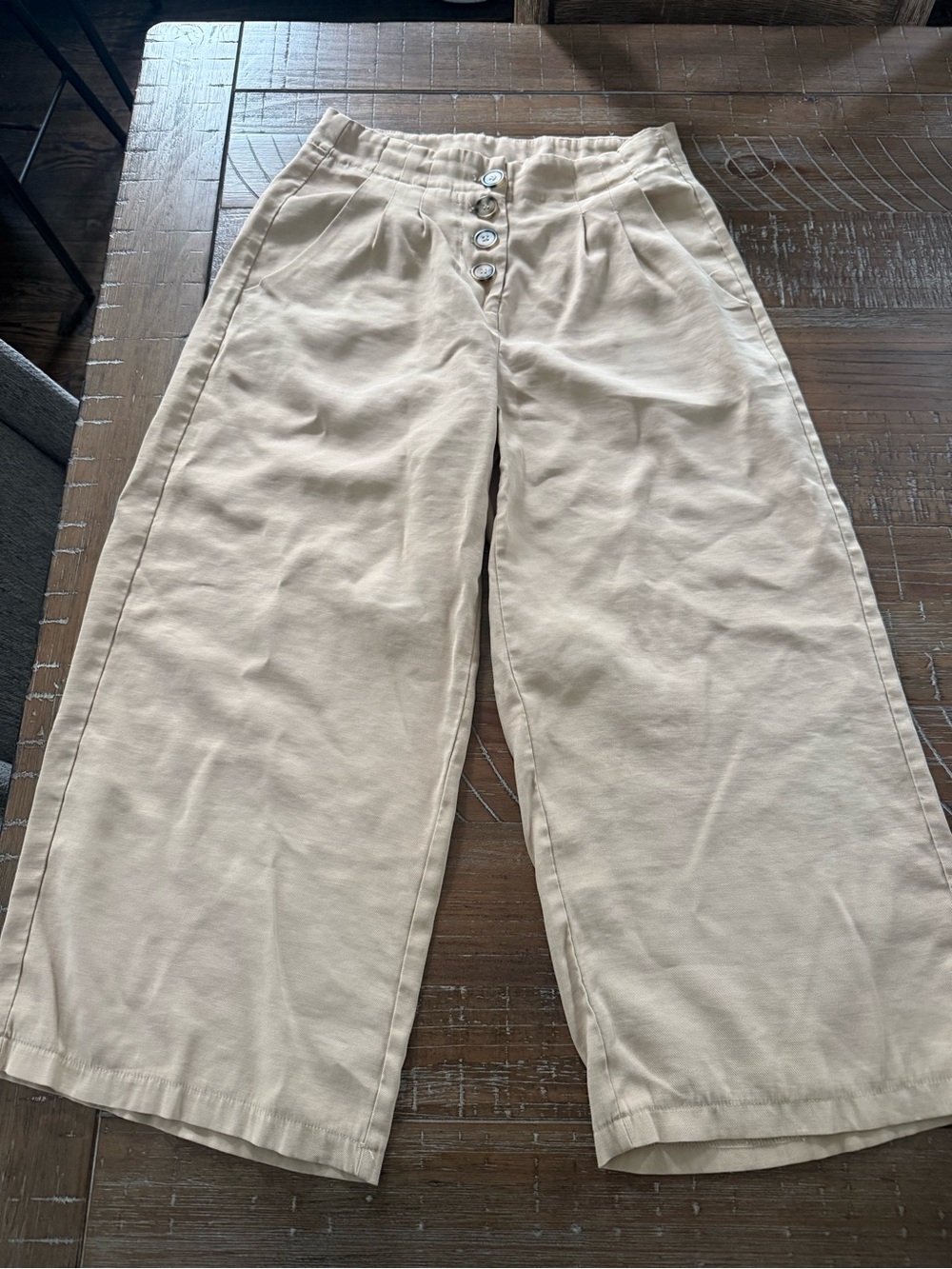 Beige Wide-Leg womans Bottoms with Button Front